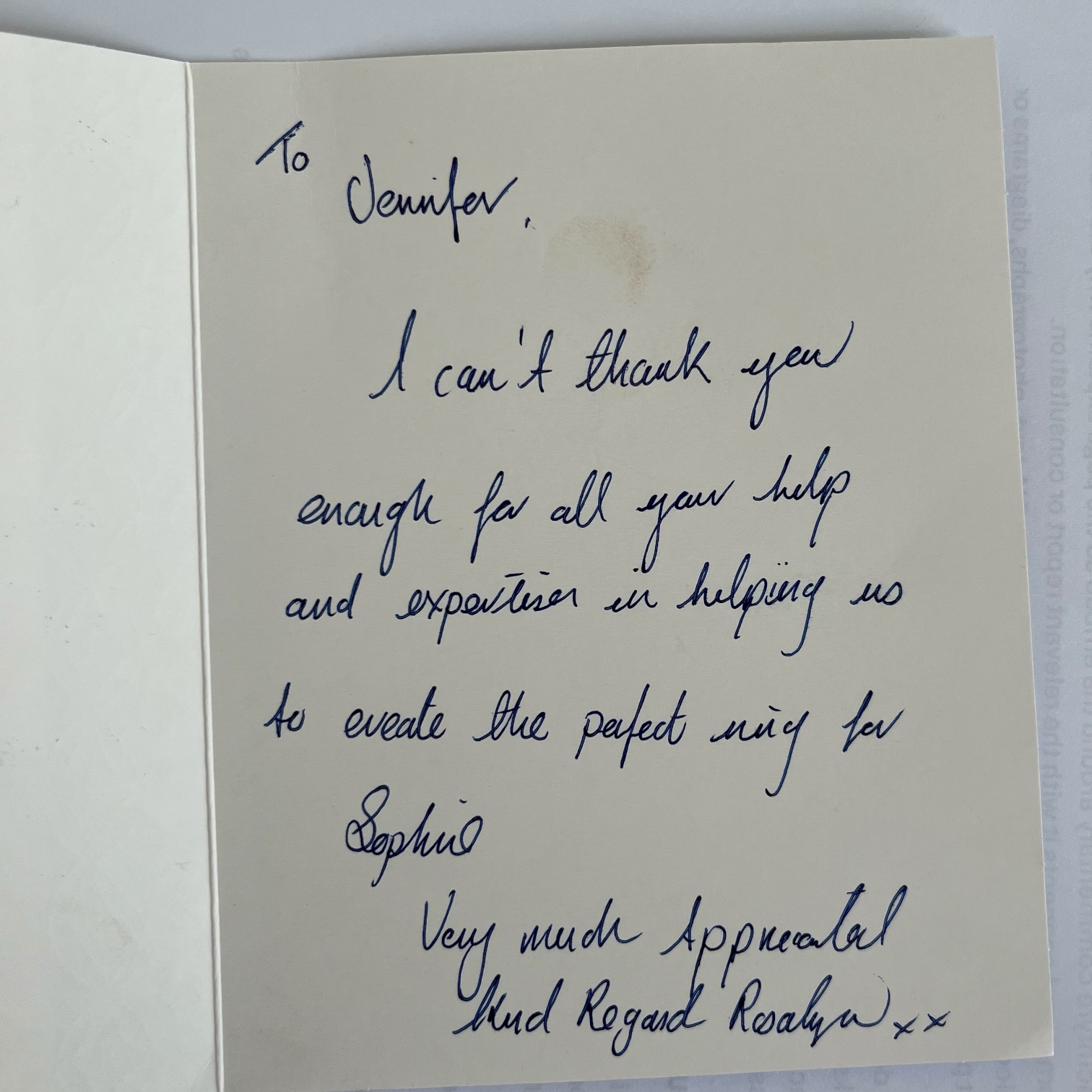 Thank-you card from Jordan’s parents to Jennifer