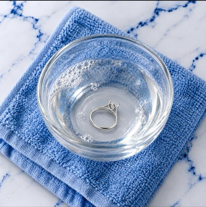 Oval diamond solitaire ring soaking briefly in comfortably warm soapy water in a clean glass bowl on a blue towel.