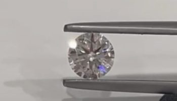 Round brilliant diamond held in tweezers for the Diamond Anatomy at a Glance guide.