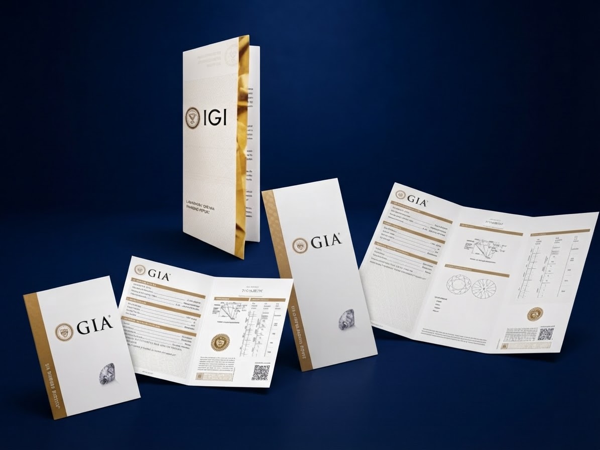 GIA Diamond Dossier, GIA Diamond Grading Report and IGI Laboratory Grown Diamond Report booklets on a navy background