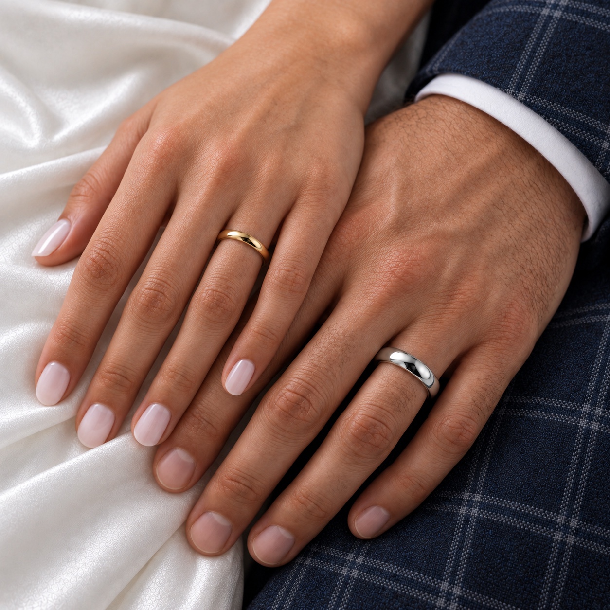 Couple wearing plain yellow and white metal wedding rings