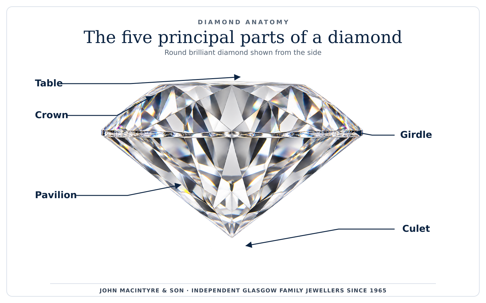 Side-view anatomy of a round brilliant diamond labelled table, crown, girdle, pavilion and culet