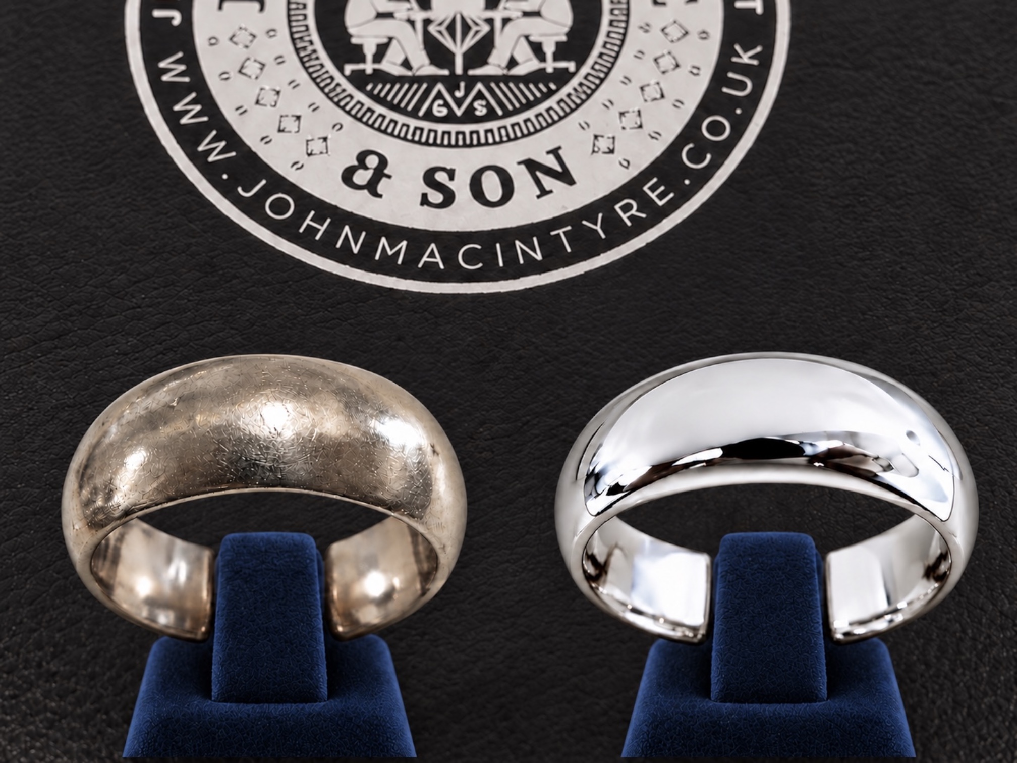 White gold ring before and after rhodium plating.