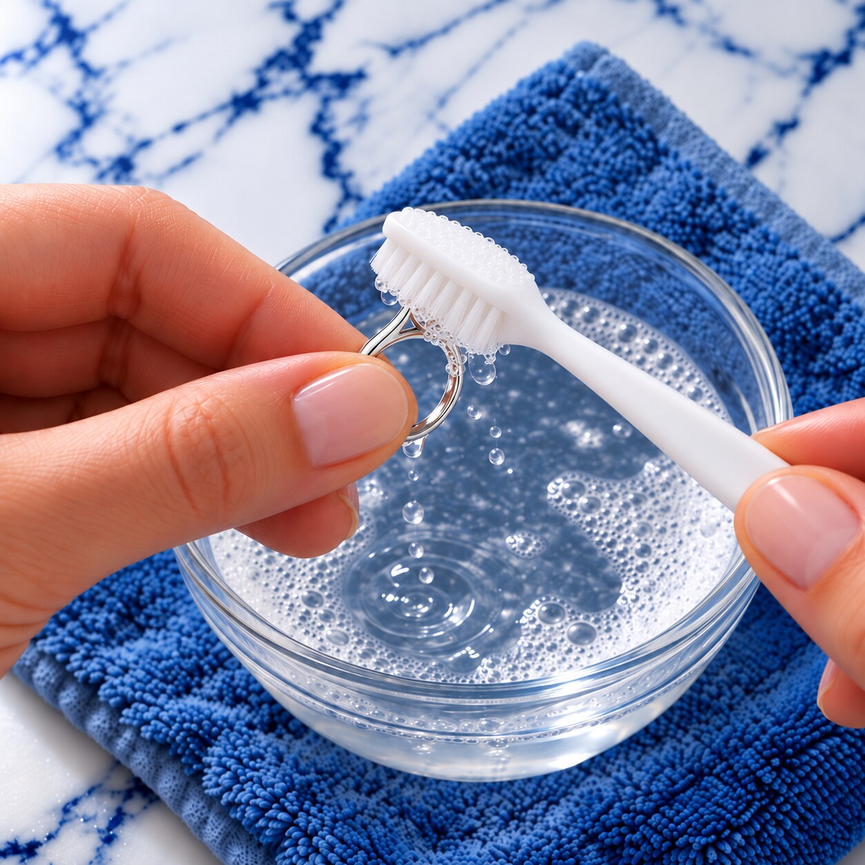 Hands with short oval sheer-blush nails holding an oval diamond ring above a clean glass bowl and gently brushing beneath the setting with a soft white toothbrush.