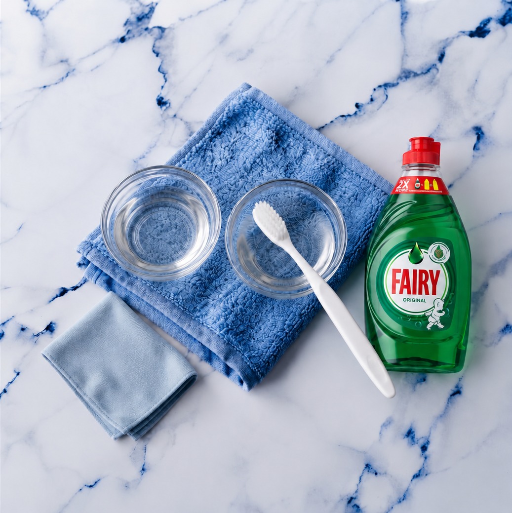 Home diamond-cleaning setup with two glass bowls, a soft white toothbrush resting in one bowl, Fairy washing-up liquid, a blue towel and a pale-blue cloth on white marble.