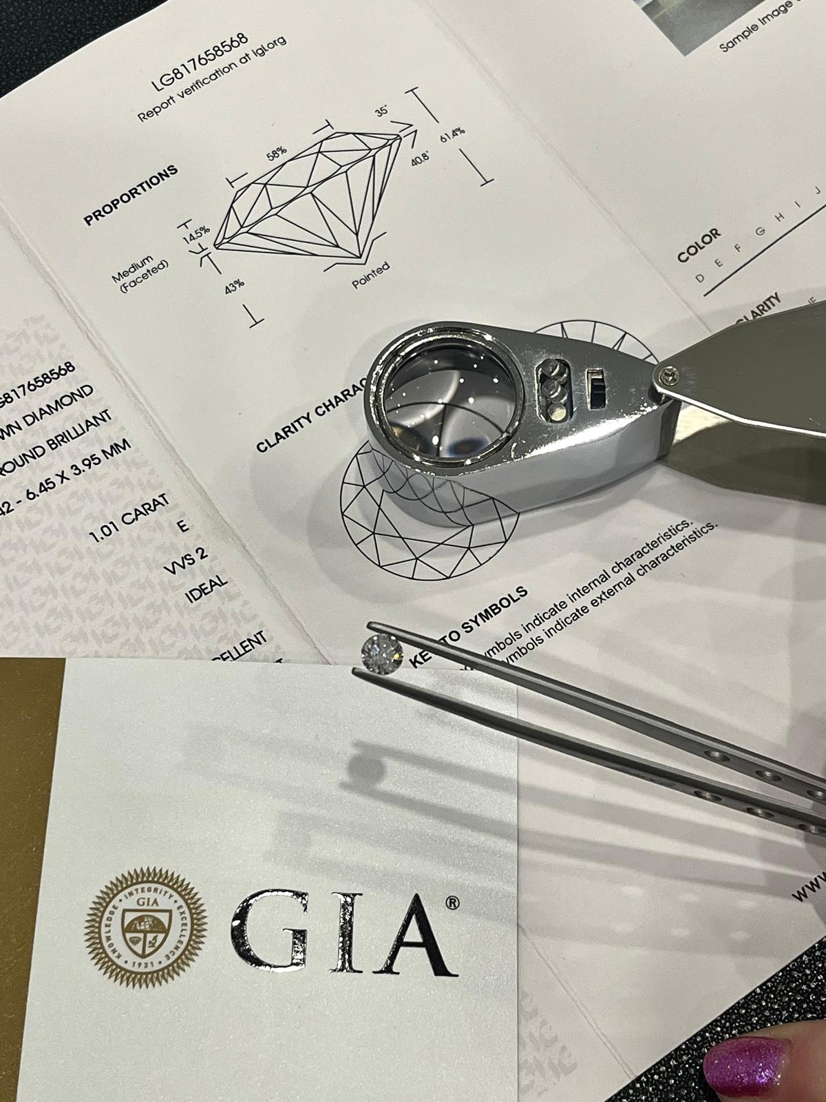 Loose diamond, jeweller’s loupe and independent GIA and IGI grading reports