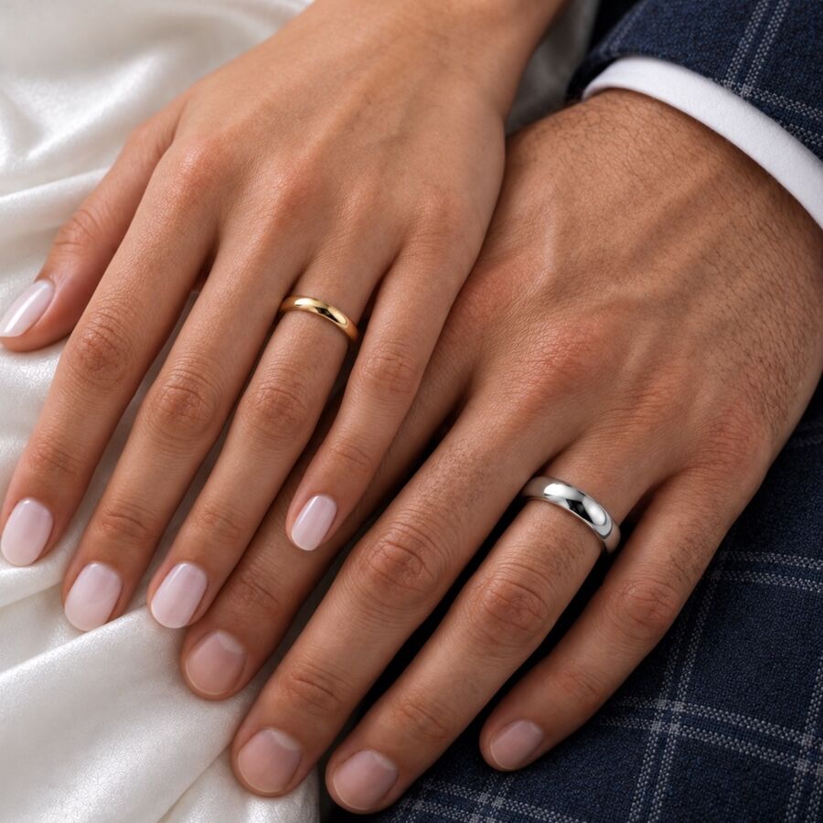 A couple’s hands wearing yellow-gold and white-metal wedding rings