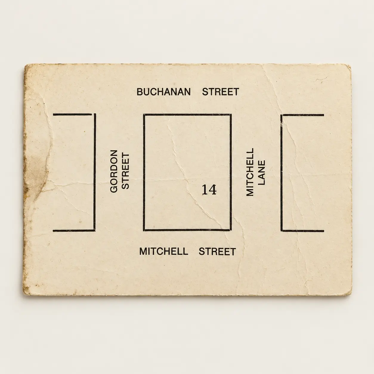 Reverse of an early John Macintyre and Son account card showing a map of Mitchell Lane.