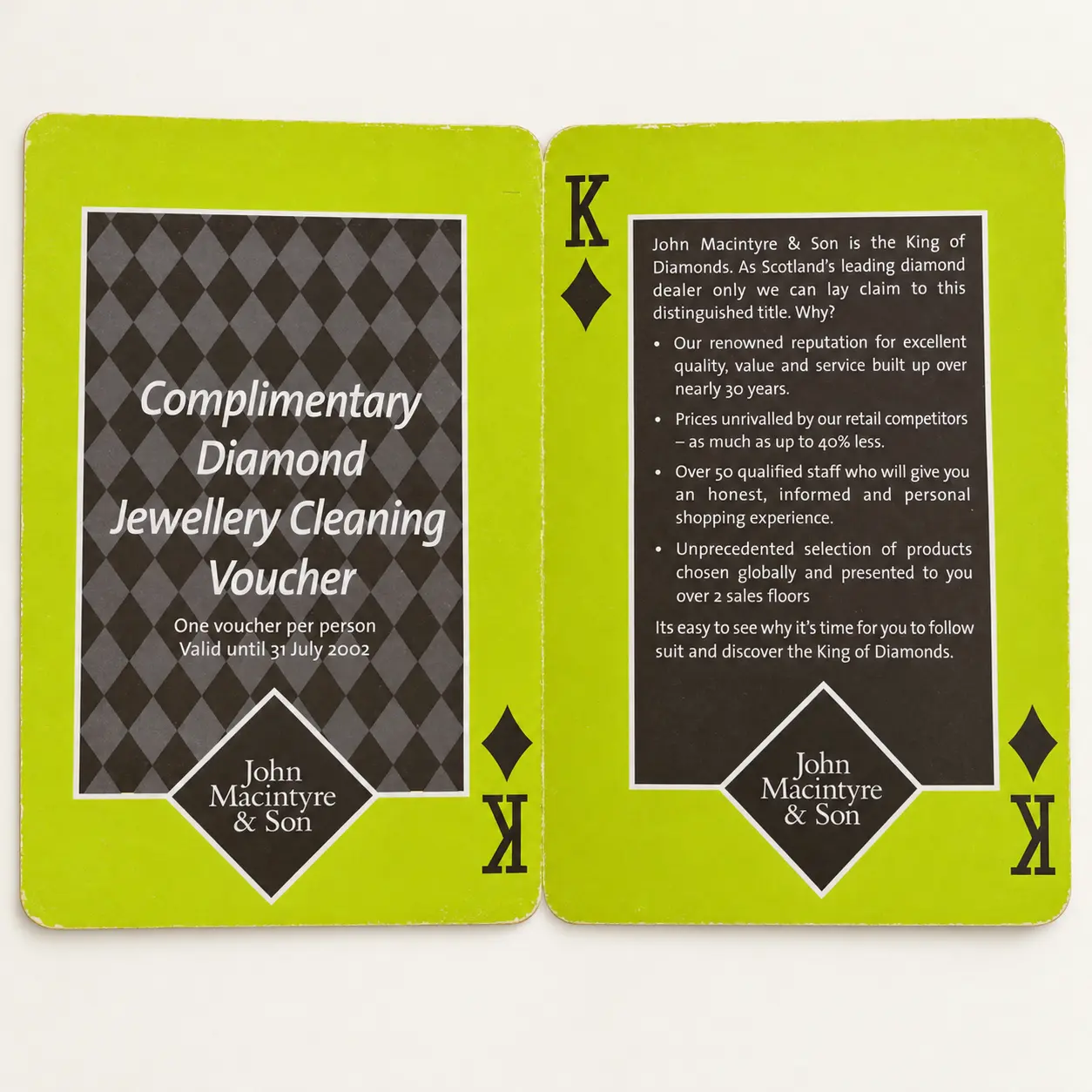 Inside of a 2002 John Macintyre and Son King of Diamonds promotional voucher.