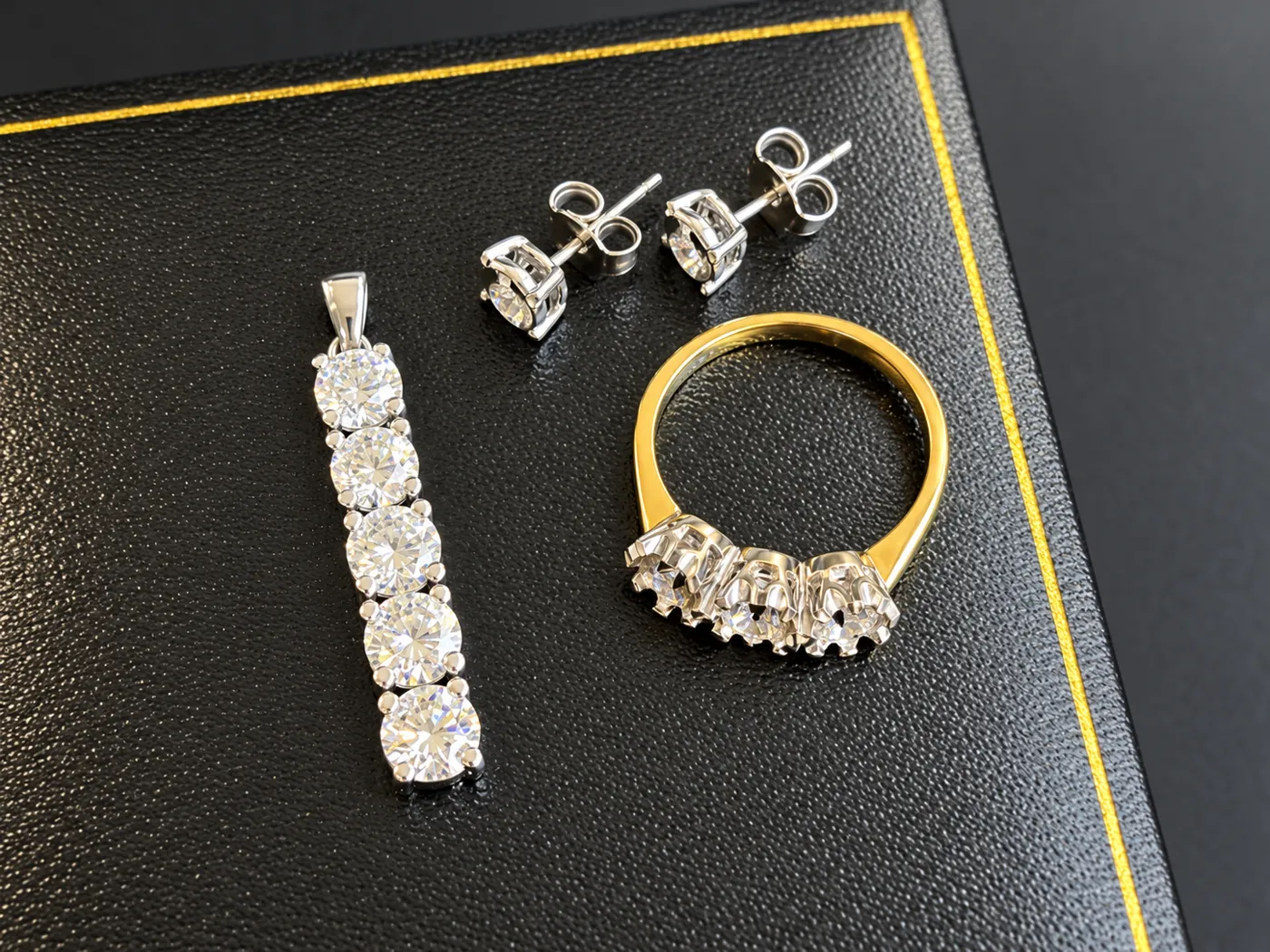 Original earrings and three stone ring beside the completed pendant.