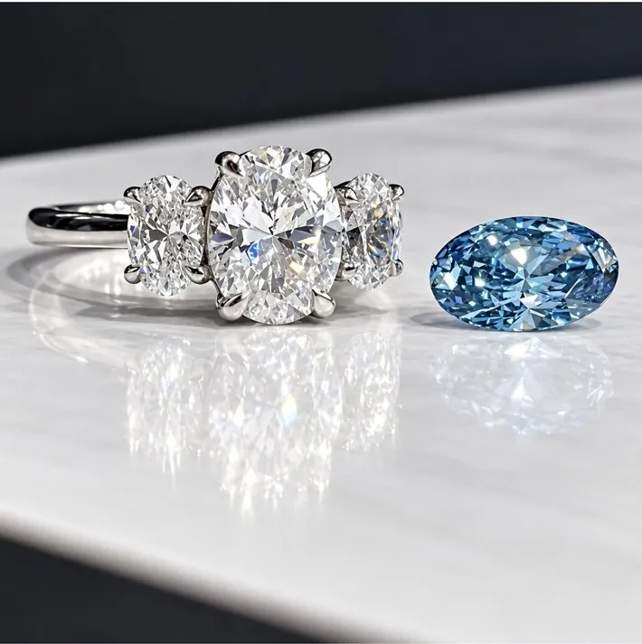 Three stone ring beside a Fancy Vivid Blue lab-grown diamond.