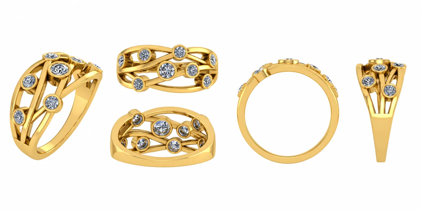 Five CAD views of a yellow gold diamond dress ring.