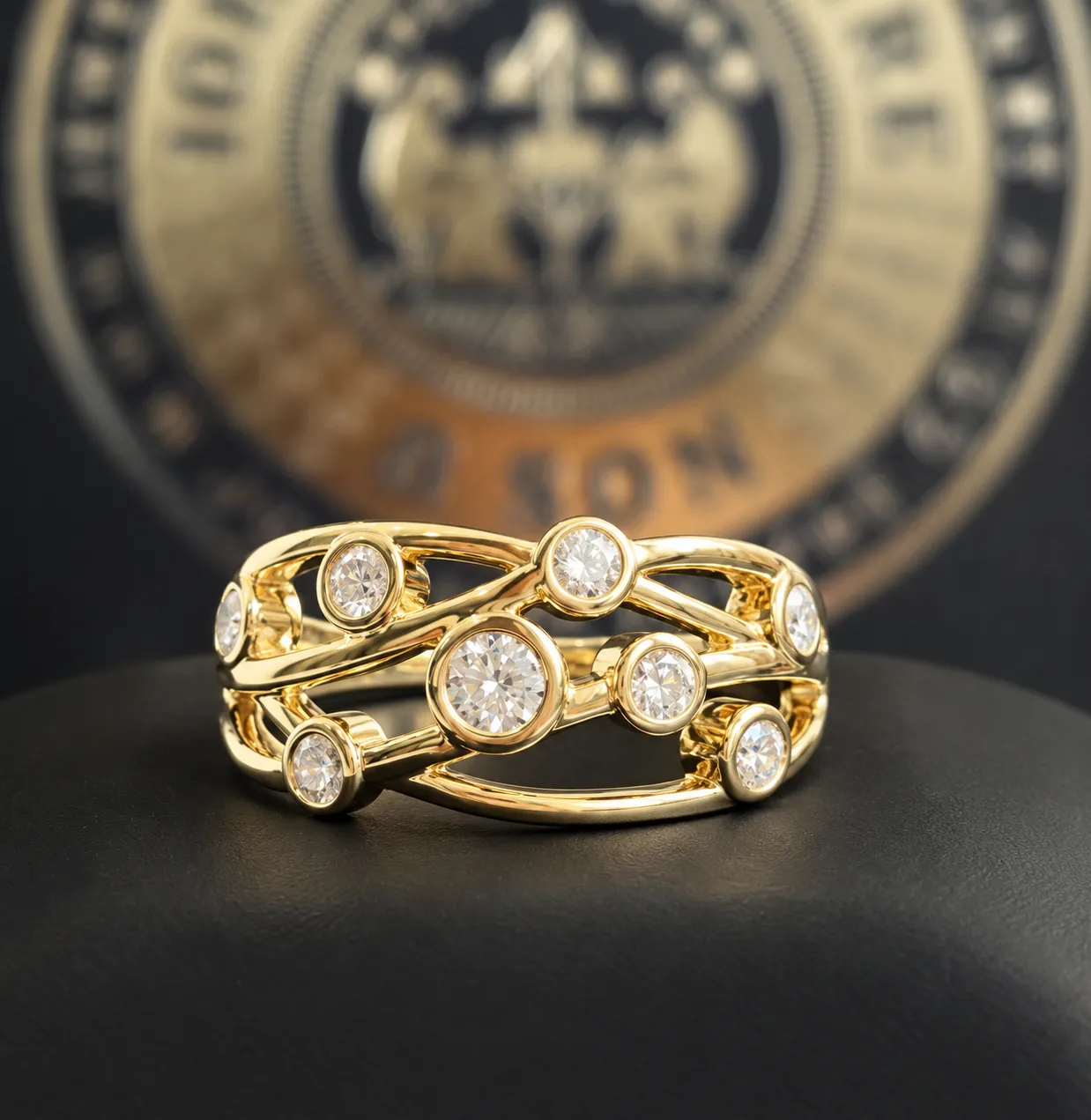 Finished yellow gold openwork dress ring combining the customer's diamonds with additional matching diamonds.