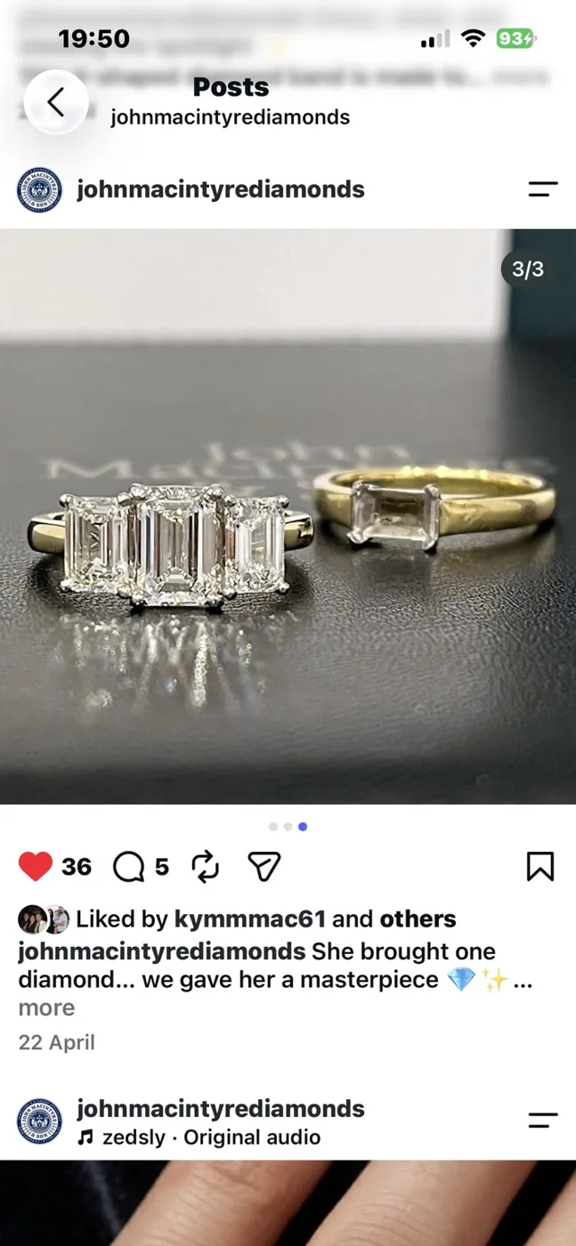Original solitaire beside the completed three stone ring.